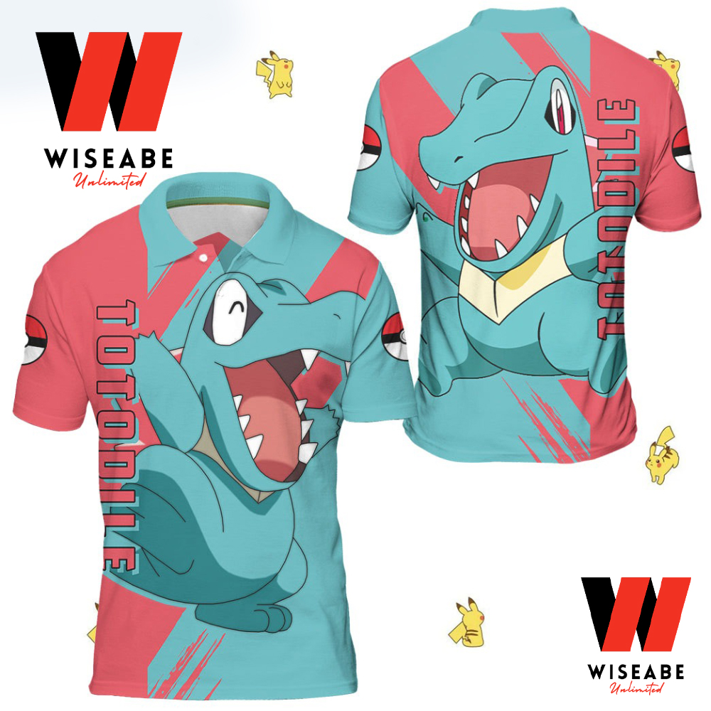 Cheap Pink And Blue Totodile Pokemon Polo Shirt, Pokemon Collared Shirt,Pokemon Gifts For Adults