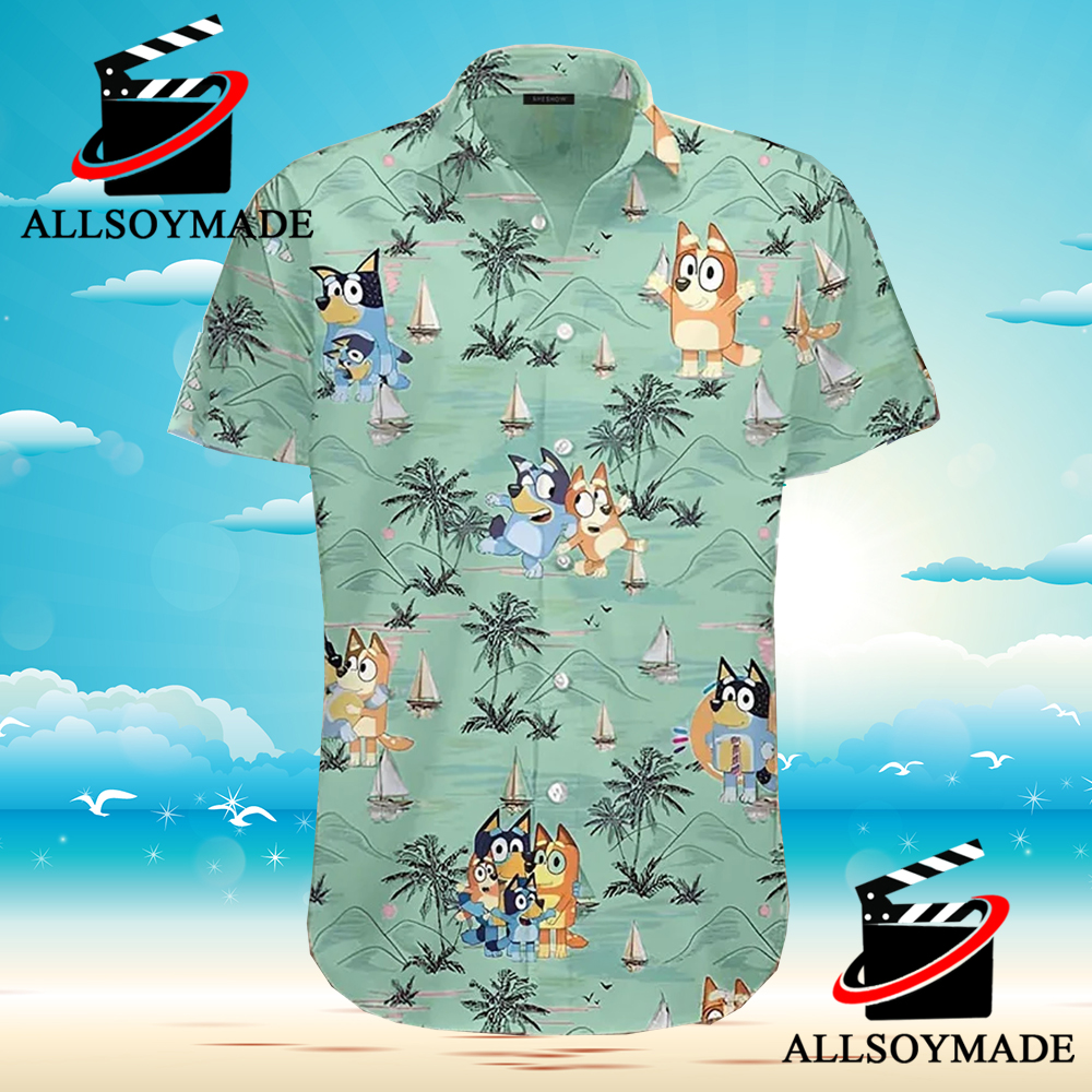 Cheap Green Tropical Beach Bluey Hawaiian Shirt, Bluey T Shirt For