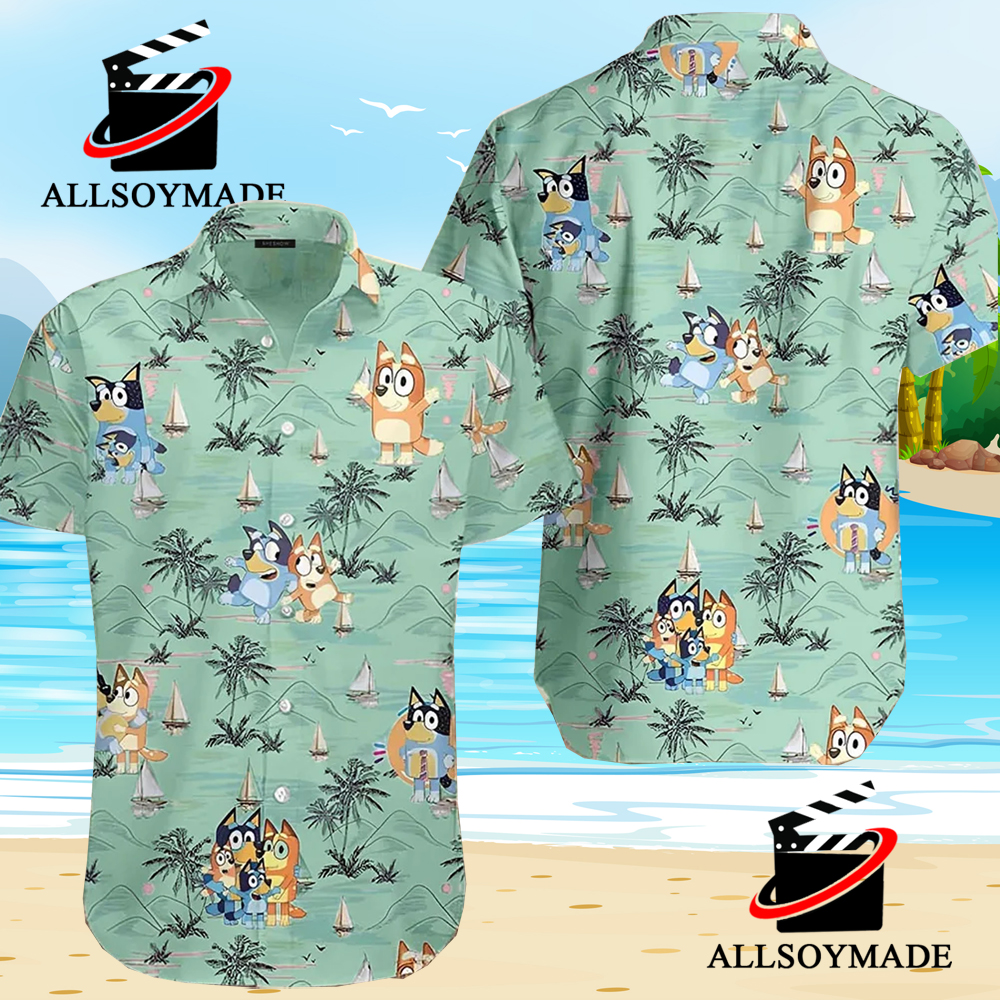 Cheap Green Tropical Beach Bluey Hawaiian Shirt, Bluey T Shirt For