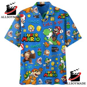 Cheap Lets Go Blue Super Mario Button Up Shirt, Super Mario Bro Hawaiian Shirt
