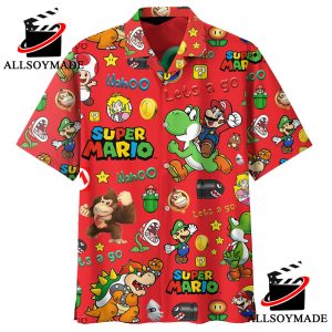 Cheap Lets Go Red Super Mario Button Up Shirt, Super Mario Bro Hawaiian Shirt