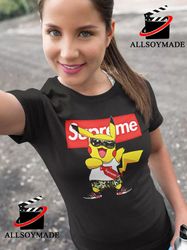 Funny Pikachu Supreme Box Logo T Shirt, Cheap Supreme T Shirt Women Men -  Allsoymade