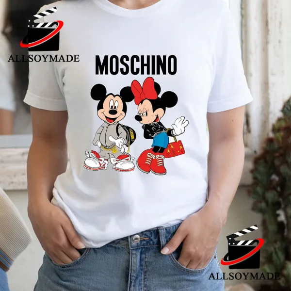 Funny Minnie And Mickey Mouse Moschino T Shirt Sale, Disney Moschino White T Shirt