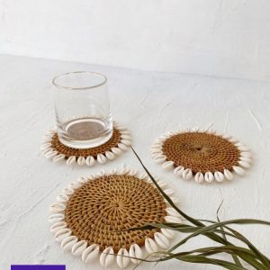 Set of Honey Rattan Shell Coaster, Cowrie Shell Rattan Coaster Mats, Rattan Drink Pad, Natural Rattan Drink Holder, Rattan Table Mat