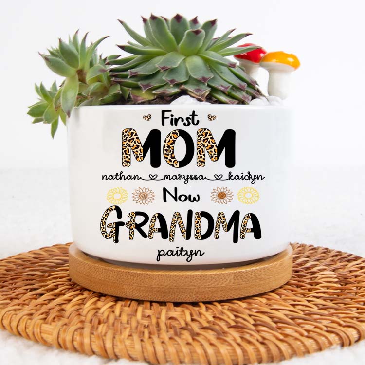 First Mom Now Grandma Leopard Plant Pot, Personalized Grandma with Grankids Names Plant Pot, New Grandma Gift, Mothers Day Gift For Grandma