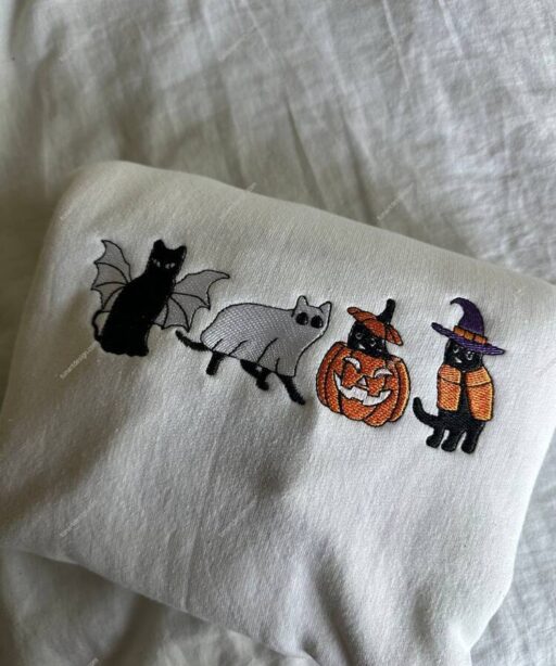 Bat/Witch/Pumpkin/Ghost Cats Embroidered Shirt