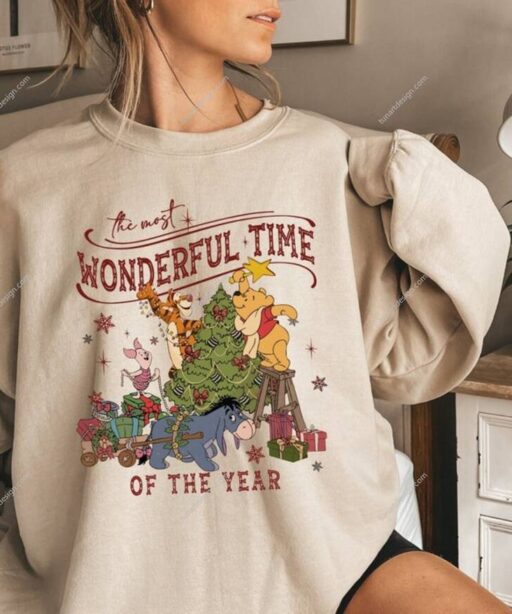 Winnie The Pooh Christmas Tree Sweatshirt, The Most Wonderful Time Of The Year Winnie The Pooh Christmas Lights Sweatshirt, Pooh Sweatshirt