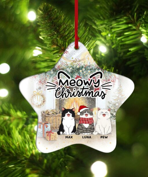 Personalized Meowy Christmas Cat & Chimney Acrylic Ceramic Ornament