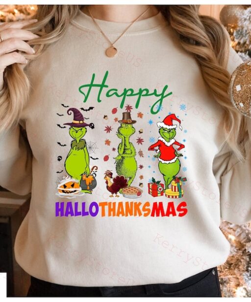 Happy Hallothanksmas Grinch Shirt, Grinch Santa Shirt, Thanksgiving Shirt, Fall Shirt, Christmas Shirt, Holiday Season Shirt, Grinch shirt