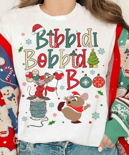 Cinderella Bibbidi Bobbidi Boo Santa Jaq and Gus Balloon Christmas Shirt