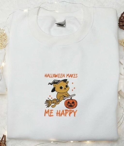 Halloween Makes Me Happy Witch Cat Embroidered Shirt