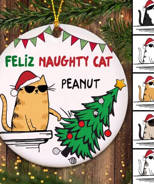 Personalized Feliz Naughty Cats Christmas Ornament