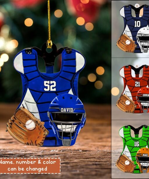 Personalized Baseball Catcher Chest Protector & Helmet Acrylic Christmas Ornament