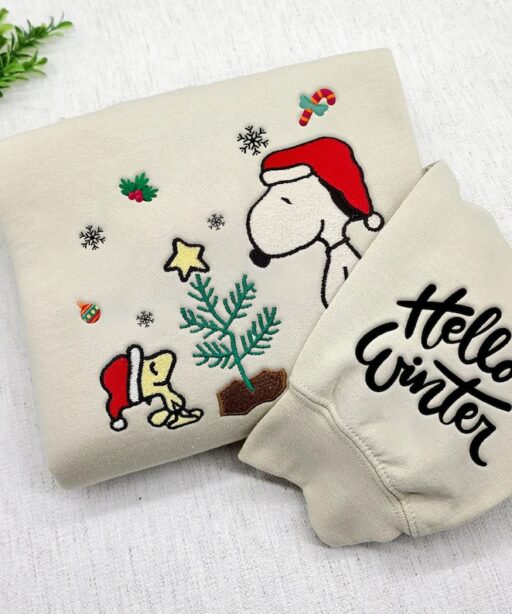 Hello Winter Christmas Snoopy Embroidered Shirt