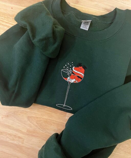 Santa in a Wine Glass Embroidered Shirt