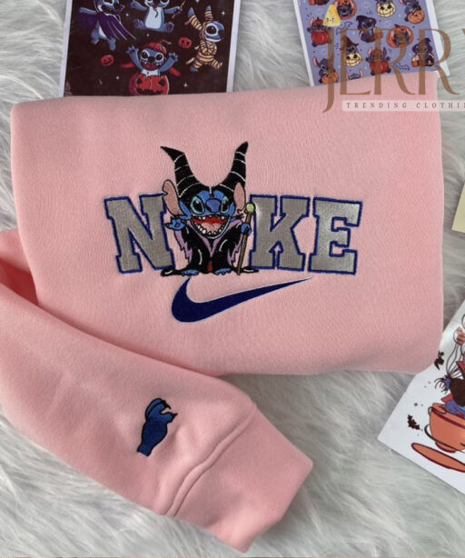 Personalized Maleficent Stitch Nike Embroidered Sweatshirt, Perfect Couple Gift For Halloween