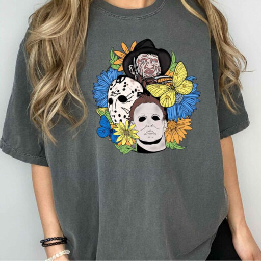 Retro Halloween shirt, Halloween floral T-shirt, Scream, Jason, Michael Myers, Horror movie Floral shirt, Fall Shirt, Halloween Gift Shirt