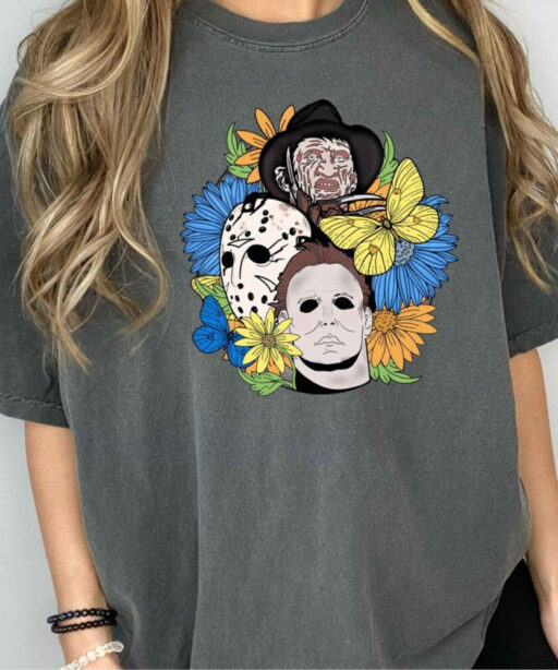 Retro Halloween shirt, Halloween floral T-shirt, Scream, Jason, Michael Myers, Horror movie Floral shirt, Fall Shirt, Halloween Gift Shirt