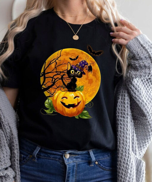 Black Cat With Pumpkin Halloween Shirt, Black Cat Halloween Shirt, Black Cat Vintage Halloween Shirt, Spooky Season Shirt, Fall Sweatshirt