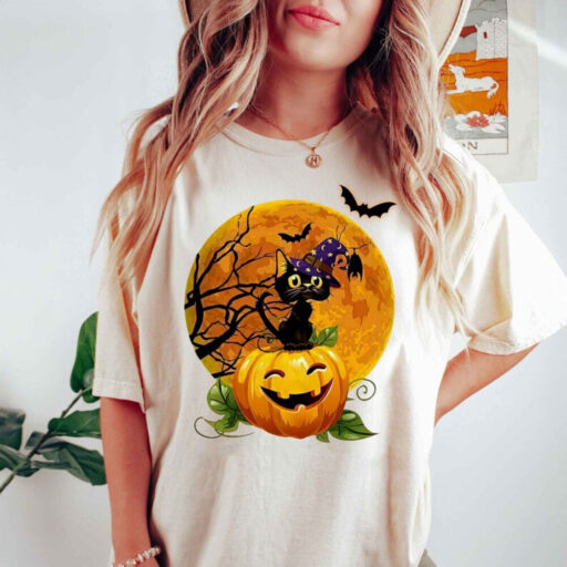 Black Cat With Pumpkin Halloween Shirt, Black Cat Halloween Shirt, Black Cat Vintage Halloween Shirt, Spooky Season Shirt, Fall Sweatshirt