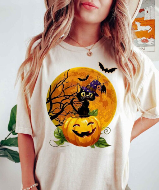 Black Cat With Pumpkin Halloween Shirt, Black Cat Halloween Shirt, Black Cat Vintage Halloween Shirt, Spooky Season Shirt, Fall Sweatshirt