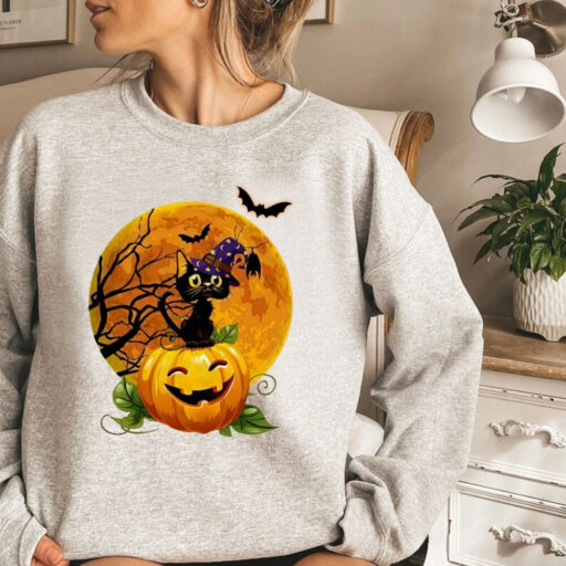 Black Cat With Pumpkin Halloween Shirt, Black Cat Halloween Shirt, Black Cat Vintage Halloween Shirt, Spooky Season Shirt, Fall Sweatshirt