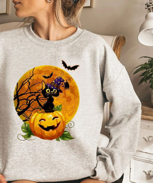 Black Cat With Pumpkin Halloween Shirt, Black Cat Halloween Shirt, Black Cat Vintage Halloween Shirt, Spooky Season Shirt, Fall Sweatshirt