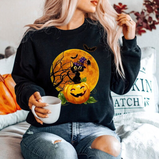 Black Cat With Pumpkin Halloween Shirt, Black Cat Halloween Shirt, Black Cat Vintage Halloween Shirt, Spooky Season Shirt, Fall Sweatshirt