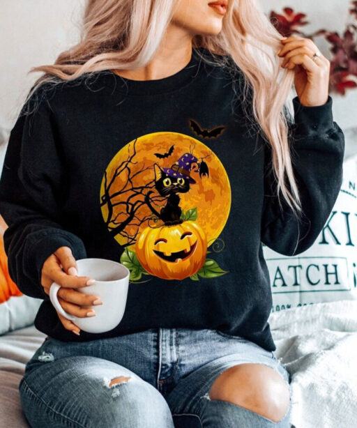 Black Cat With Pumpkin Halloween Shirt, Black Cat Halloween Shirt, Black Cat Vintage Halloween Shirt, Spooky Season Shirt, Fall Sweatshirt