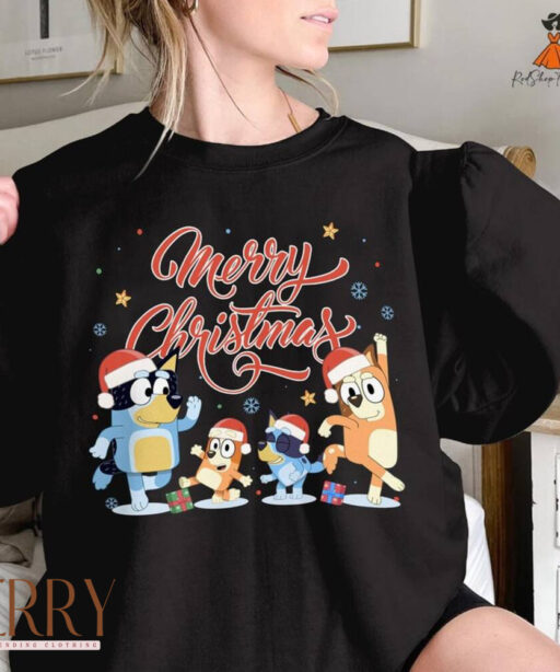 Bluey Family Merry Christmas Sweatshirt | Blue Dog Christmas Shirt | Bluey Christmas T-Shirt | Bluey Christmas Tee | Family Bluey Xmas Shirt