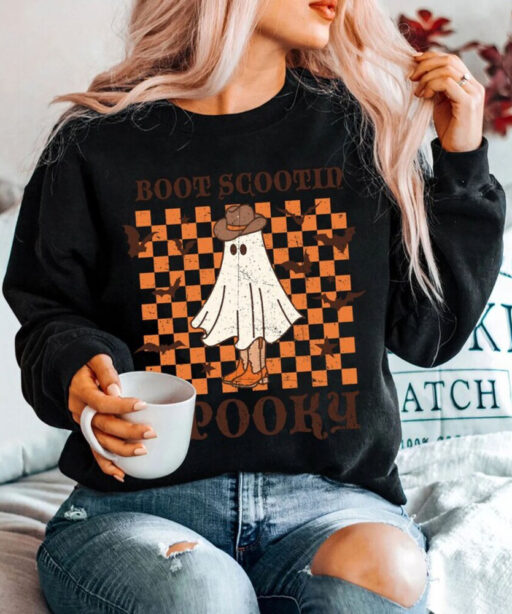 Boot Scootin Spooky Sweatshirt and Hoodie, Halloween Shirt ,Cowboy Ghost Shirt, Western Halloween Shirt, Cute Spooky Shirt, Halloween Gift