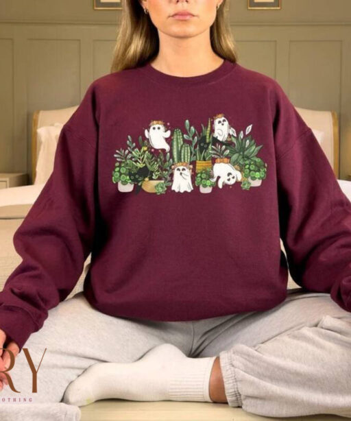 Cat Ghost Plant Lady Sweatshirt, Halloween Plants Crewneck, Plant Lover Gift, Halloween Mom Cat Sweater, Spooky Gardener Hoodie, Black Cat