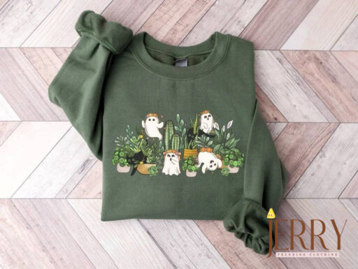 Cat Ghost Plant Lady Sweatshirt, Halloween Plants Crewneck, Plant Lover Gift, Halloween Mom Cat Sweater, Spooky Gardener Hoodie, Black Cat