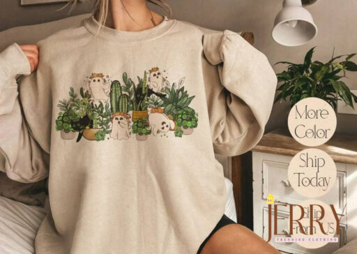 Cat Ghost Plant Lady Sweatshirt, Halloween Plants Crewneck, Plant Lover Gift, Halloween Mom Cat Sweater, Spooky Gardener Hoodie, Black Cat