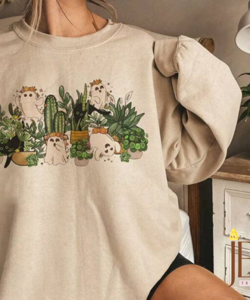 Cat Ghost Plant Lady Sweatshirt, Halloween Plants Crewneck, Plant Lover Gift, Halloween Mom Cat Sweater, Spooky Gardener Hoodie, Black Cat