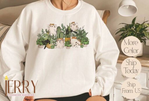 Cat Ghost Plant Lady Sweatshirt, Halloween Plants Crewneck, Plant Lover Gift, Halloween Mom Cat Sweater, Spooky Gardener Hoodie, Black Cat