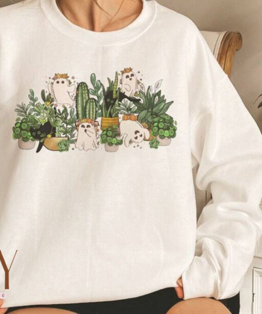 Cat Ghost Plant Lady Sweatshirt, Halloween Plants Crewneck, Plant Lover Gift, Halloween Mom Cat Sweater, Spooky Gardener Hoodie, Black Cat