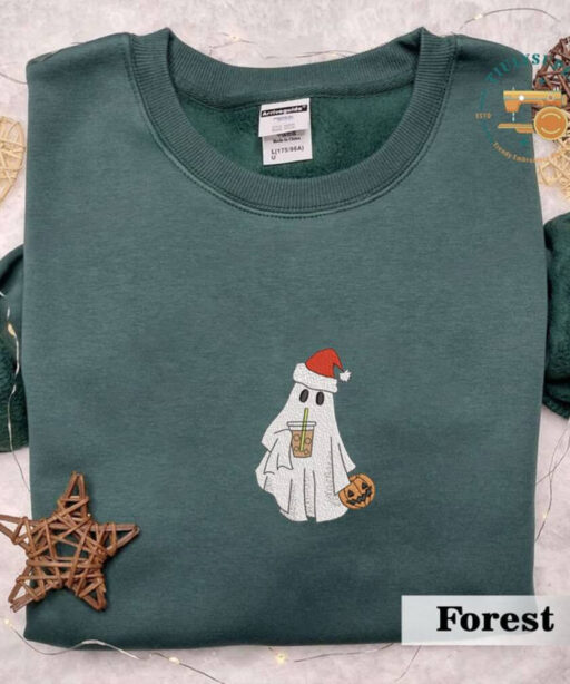 Christmas Ghost With Ice Coffee Sweatshirt, Ghost Embroidered Sweatshirt, Coffee Lovers Gift, Cute Ghost Chrismast Crewneck