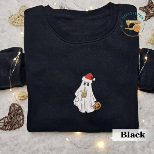 Christmas Ghost With Ice Coffee Sweatshirt, Ghost Embroidered Sweatshirt, Coffee Lovers Gift, Cute Ghost Chrismast Crewneck