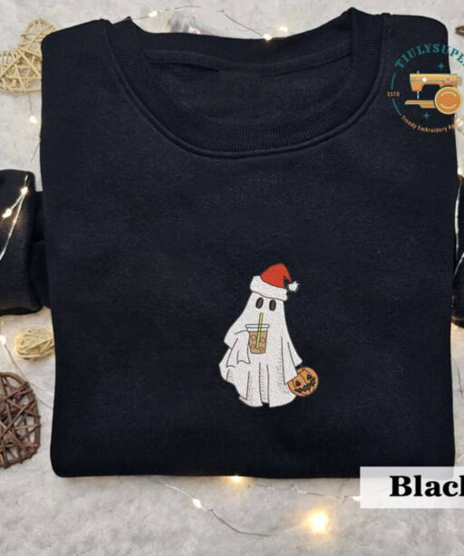 Christmas Ghost With Ice Coffee Sweatshirt, Ghost Embroidered Sweatshirt, Coffee Lovers Gift, Cute Ghost Chrismast Crewneck