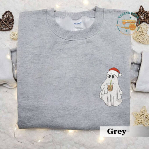 Christmas Ghost With Ice Coffee Sweatshirt, Ghost Embroidered Sweatshirt, Coffee Lovers Gift, Cute Ghost Chrismast Crewneck