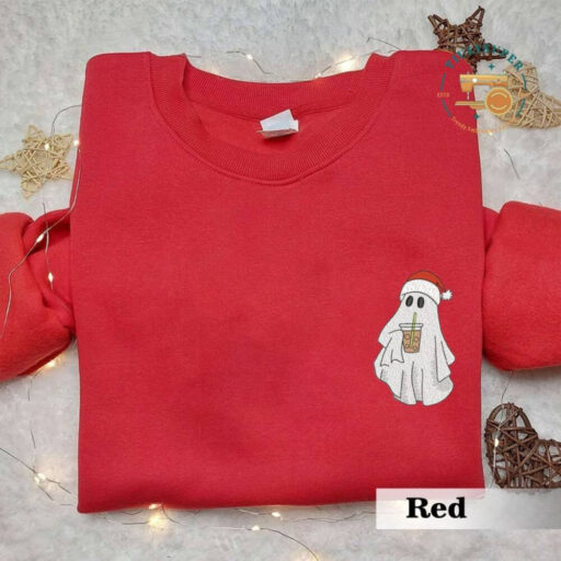 Christmas Ghost With Ice Coffee Sweatshirt, Ghost Embroidered Sweatshirt, Coffee Lovers Gift, Cute Ghost Chrismast Crewneck