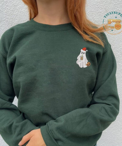 Christmas Ghost With Ice Coffee Sweatshirt, Ghost Embroidered Sweatshirt, Coffee Lovers Gift, Cute Ghost Chrismast Crewneck