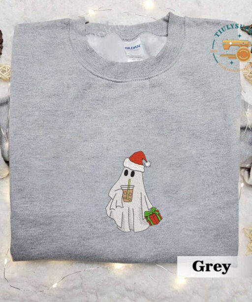 Christmas Ghost With Ice Coffee Sweatshirt, Ghost Embroidered Sweatshirt, Coffee Lovers Gift, Cute Ghost Halloween Crewneck