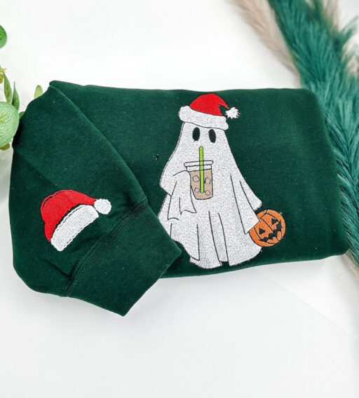 Christmas Ghost iced-Coffee Embroidered Sweatshirt, Christmas Crewneck, Christmas Jumper, Christmas Hoodie,Xmas Gift, Retro Jumper, Xmas