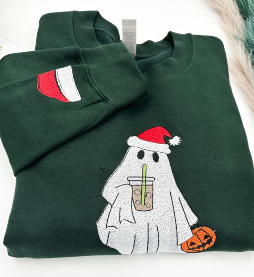 Christmas Ghost iced-Coffee Embroidered Sweatshirt, Christmas Crewneck, Christmas Jumper, Christmas Hoodie,Xmas Gift, Retro Jumper, Xmas