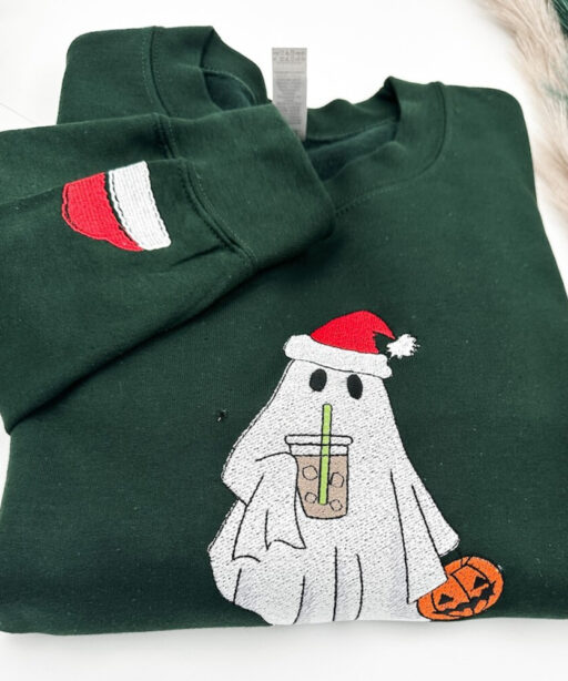 Christmas Ghost iced-Coffee Embroidered Sweatshirt, Christmas Crewneck, Christmas Jumper, Christmas Hoodie,Xmas Gift, Retro Jumper, Xmas
