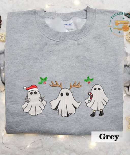 Christmas Reindeer Spooky Season Embroidered Sweater, Embroidered Christmas Season Spooky Sweatshirt, Spooky Embroidered Sweatshirt