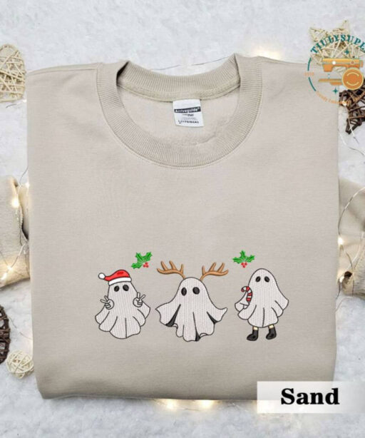 Christmas Reindeer Spooky Season Embroidered Sweater, Embroidered Christmas Season Spooky Sweatshirt, Spooky Embroidered Sweatshirt