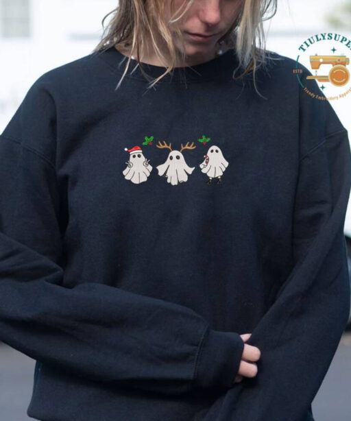 Christmas Reindeer Spooky Season Embroidered Sweater, Embroidered Christmas Season Spooky Sweatshirt, Spooky Embroidered Sweatshirt